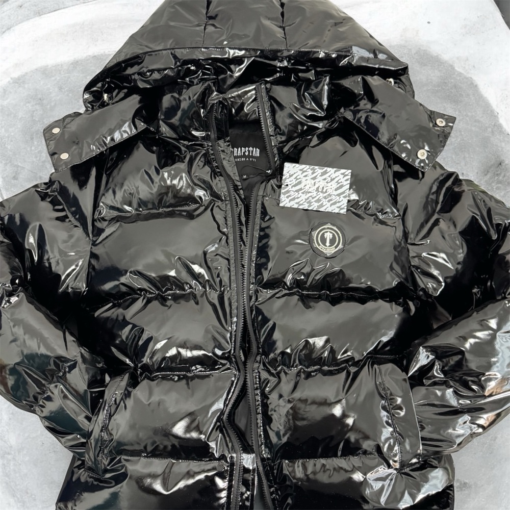 Trapstar Men's Black Shiny Puffer Jacket with Hood
